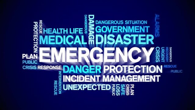 Emergency animated tag word cloud;text design animation kinetic typography seamless loop.