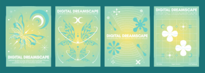 Y2k aesthetic poster design with abstract simple shape and tribal butterfly ornament on pastel green and yellow aura gradient background. Vector set of retro futuristic 2000s style banner template.