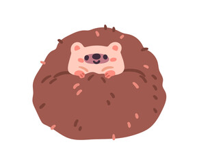 Cute hedgehog curled up. Funny forest animal. Kawaii adorable lazy character in comic pose with peeping face from needles, spikes. Kids flat vector illustration isolated on white background