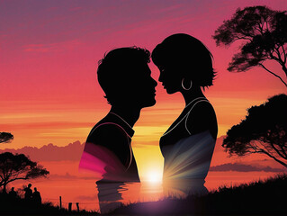 silhouette of couple kissing in the sunset or sunrise, golden hour lighting, silhouette against vivid sky