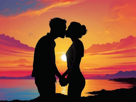 silhouette of couple kissing in the sunset or sunrise, golden hour lighting, silhouette against vivid sky