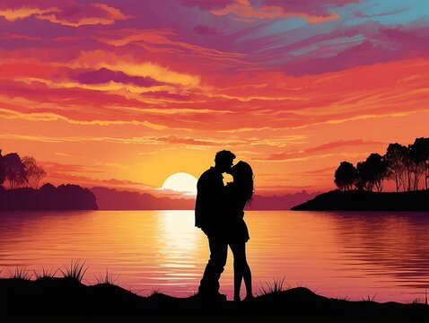 silhouette of couple kissing in the sunset or sunrise, golden hour lighting, silhouette against vivid sky