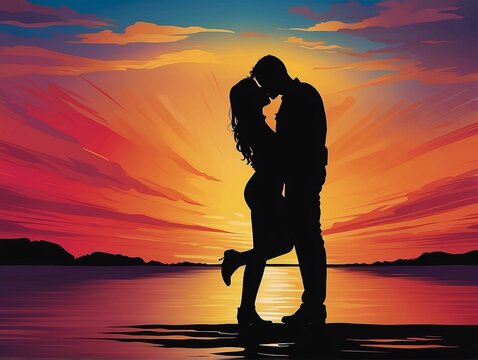 silhouette of couple kissing in the sunset or sunrise, golden hour lighting, silhouette against vivid sky