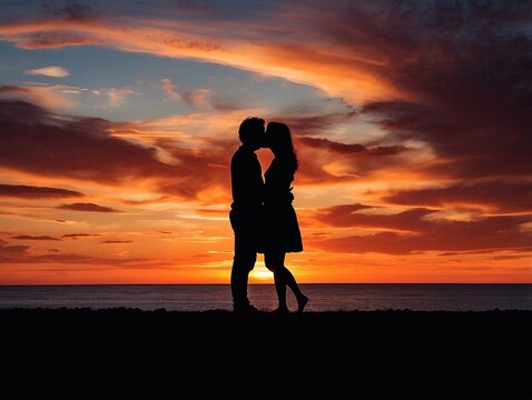 silhouette of couple kissing in the sunset or sunrise, golden hour lighting, silhouette against vivid sky