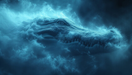 The contours of crocodile face in the mist. Mist texture. Paint water mix. Cloud wave abstract art background with free space. - obrazy, fototapety, plakaty