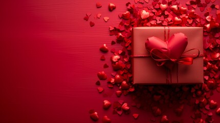 Valentine's day celebration.Beautiful gift box and roses on red background, flat lay with space for text. 