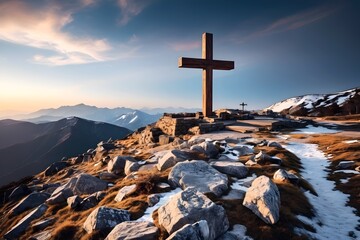 A Cross on top of the Mountain at Sunset with Sky Background, Crucifixion Of Jesus Christ - obrazy, fototapety, plakaty