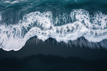 Fototapeta premium Aerial view of waves crashing on a black sand beach in Iceland. Background image. Created with Generative AI technology