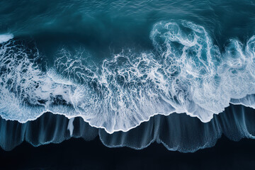 Aerial view of waves crashing on a black sand beach in Iceland. Background image. Created with Generative AI technology - obrazy, fototapety, plakaty