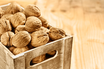 Walnuts in wooden box