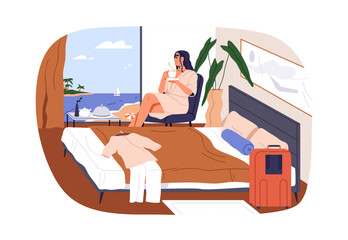 Woman relaxing in hotel room, enjoying sea resort and beach view from window. Guest, tourist resting after arriving for summer vacation. Flat graphic vector illustration isolated on white background