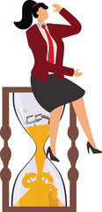 Nervous Businesswoman sitting on hourglass sand clock , time running out