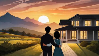 silhouette of a couple hugging each other, looking at their new home, shoot from the back with sunset in rural backyard