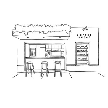 recommend clip art: Small Coffee shop Cafe and Bread Sketch Hand drawn Illustration line art vector 