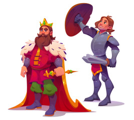 Naklejka premium Medieval king and knight characters isolated on white background. Vector cartoon illustration of bearded kingdom ruler with golden crown and sceptre, brave warrior in body armor with sword and shield