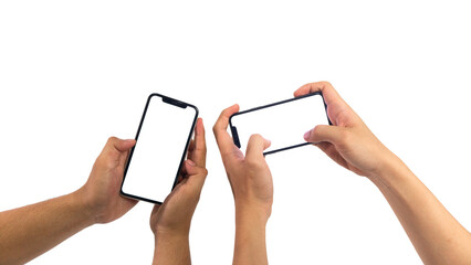 hands using smartphone with blank screen, isolated on white background, Close up of hand holding...