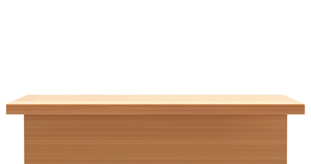 Light brown wooden 3d table countertop isolated on white background. Foreground view on desk with wood texture surface. Realistic furniture element for presentation stand or podium, kitchen tabletop.