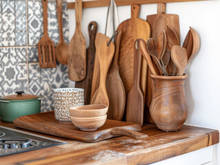 Stylish wooden kitchen utensils displayed against patterned tile backdrop.