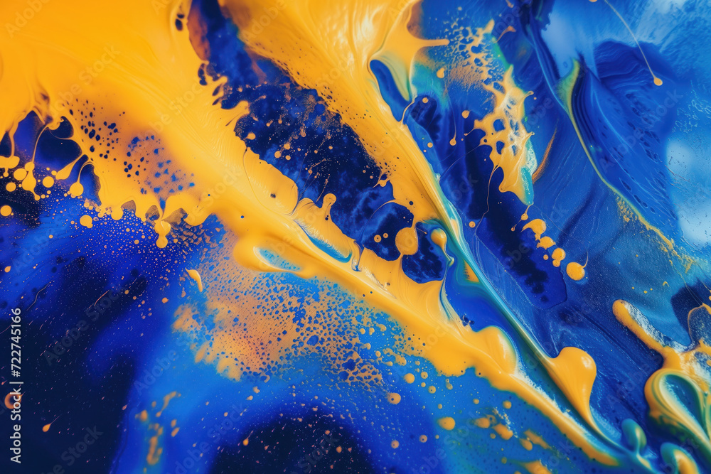 Poster abstract background with bright blue and yellow artistic macro paint particles spreading in slow mot