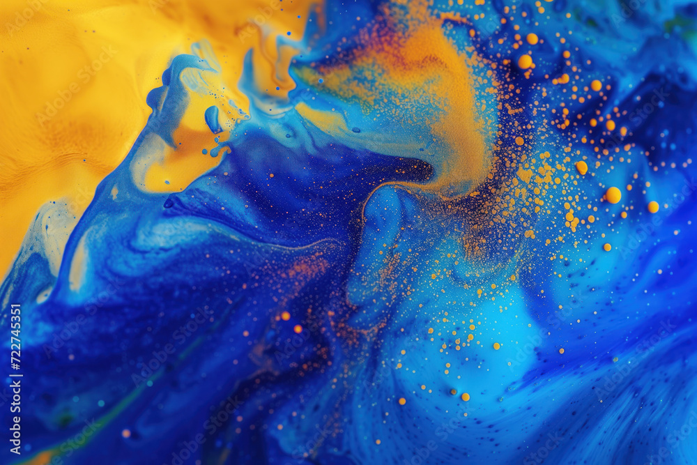 Poster abstract background with bright blue and yellow artistic macro paint particles spreading in slow mot