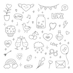 Set of romantic vector icon in doodle design.