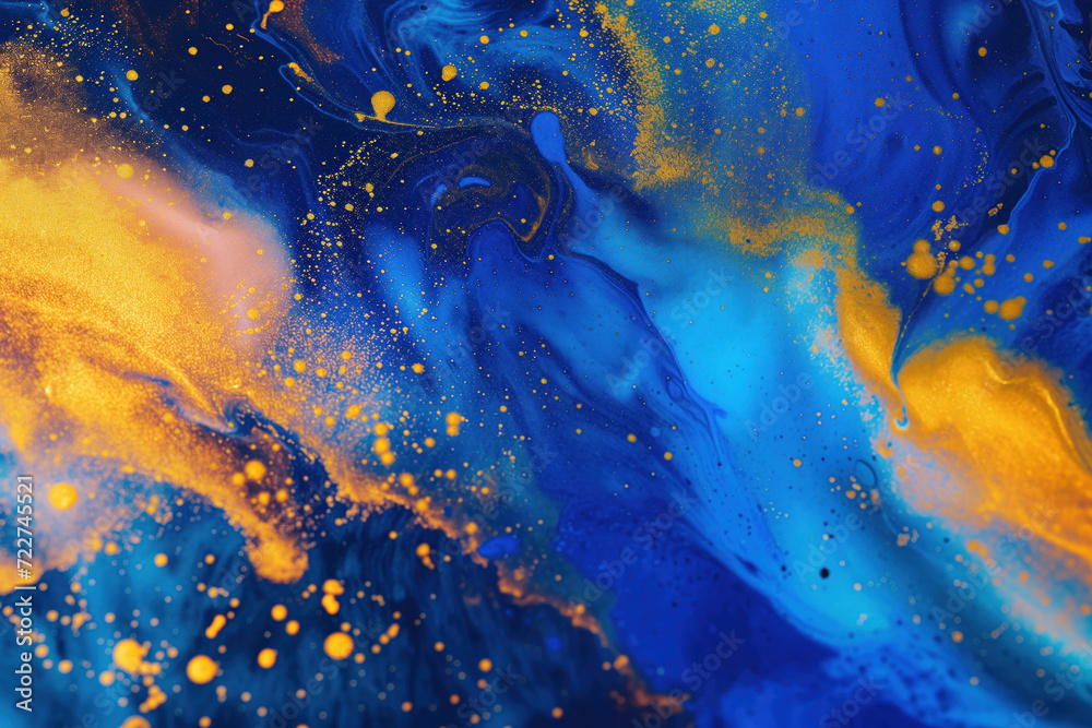 Poster abstract background with bright blue and yellow artistic macro paint particles spreading in slow mot
