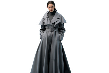Naklejka premium Beautiful girl wearing stylish coat with a fur collar and a belt on a transparent background