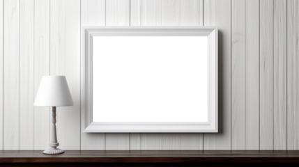 Empty picture frame on paneled wall, white transparent inside, PNG