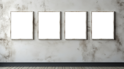Empty picture frames on wall, four white transparent inside painting frames in a row, PNG