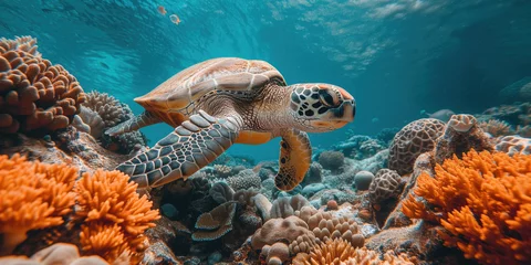 Tuinposter Turtle swimming underwater on coral reef in blue ocean © Great Choice