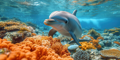 Friendly Dolphin floating underwater on coral reef in blue ocean