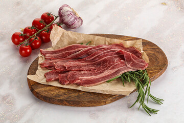 Raw beef bacon for cooking