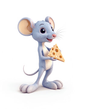 A 3d cartoon character cute mouse holding cheese on white background, looking cute, adorable and joyful