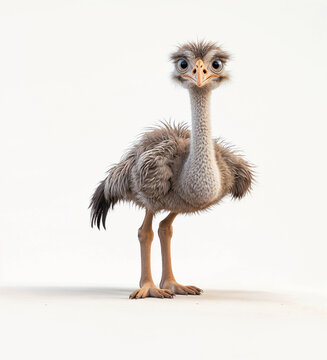 A humorous 3D animated ostrich cartoon character facing the camera against a white backdrop