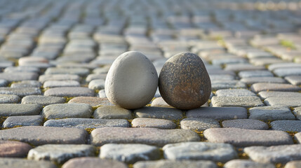Two smooth stones balanced on a cobblestone path.