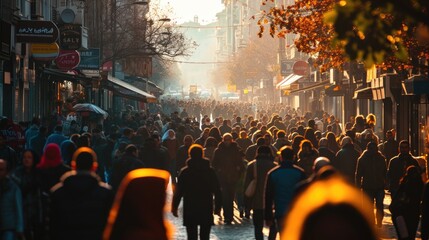 crowds of anonymous people walking through vibrant streets in a dynamic and lively urban setting