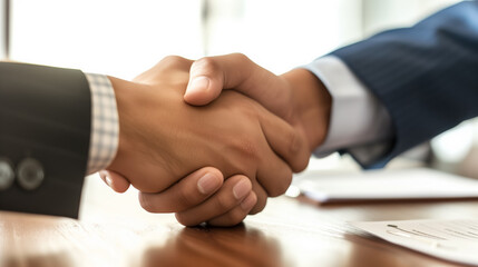 Obraz premium Two people in a firm handshake over a desk.