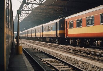 Retro steam train departs from the railway station at sunset.