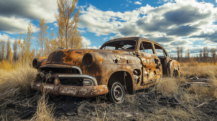 Rusty old car abandoned in a barren landscape.