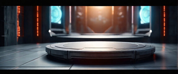 Obraz premium futuristic portal science fiction podium pedestal platform modern empty cyberpunk podium mockup space background