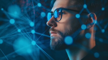 Man with glasses against a digital network.