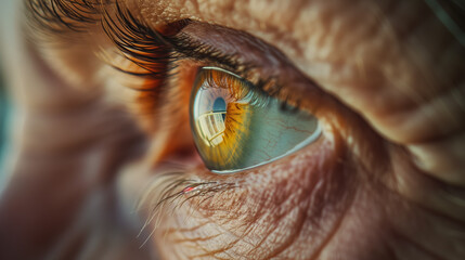 Close-up of an eye with a vivid reflection.