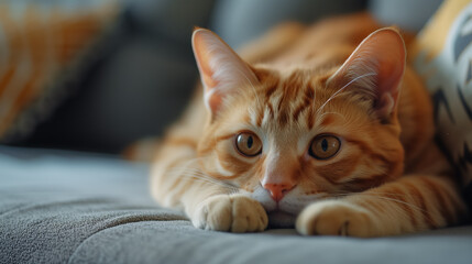 Ginger cat lounging on a cozy couch.