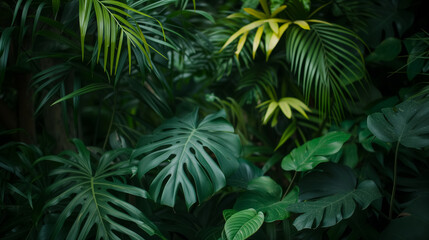 Dense tropical leaves in a lush setting.