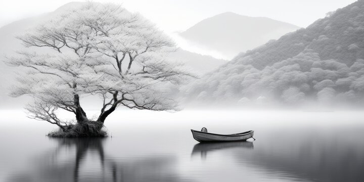 Black and white painting of a boat on a river with a small island and a tree. Misty background of mountains and forest.