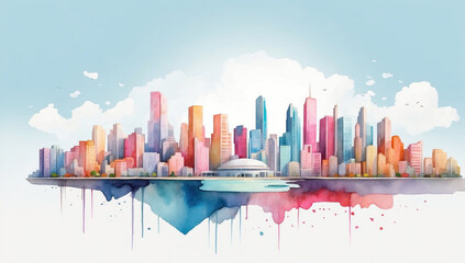 Watercolor city illustration. AI generated