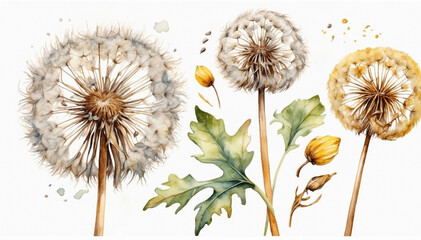 Watercolor seed dandelion isolated on white. AI generated