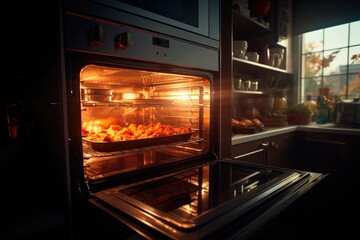 Delicious pizza in the oven, close-up, kitchen or dining room interior