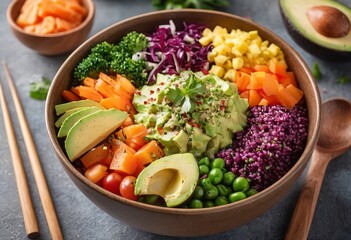 Healthy salad bowl with quinoa, tomatoes, chicken, avocado, lime and mixed greens, lettuce, parsley on wooden background top view. Food and health.