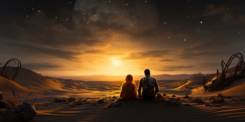 A couple in love sits in the desert at night and looks at the sunset. - obrazy, fototapety, plakaty